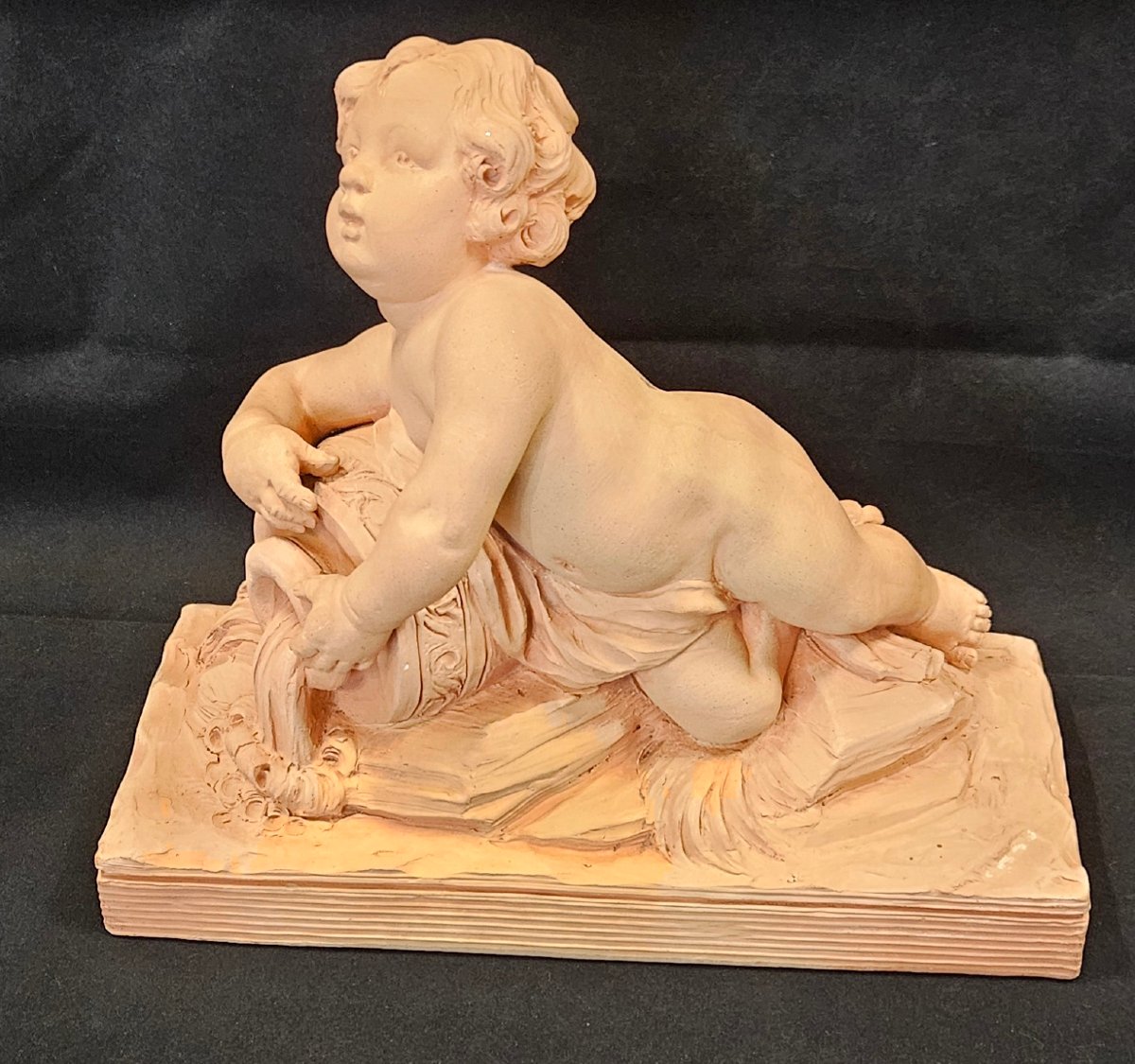Terracotta Sculpture "cherub, Putti," Signed Cholin, 19th Century 
