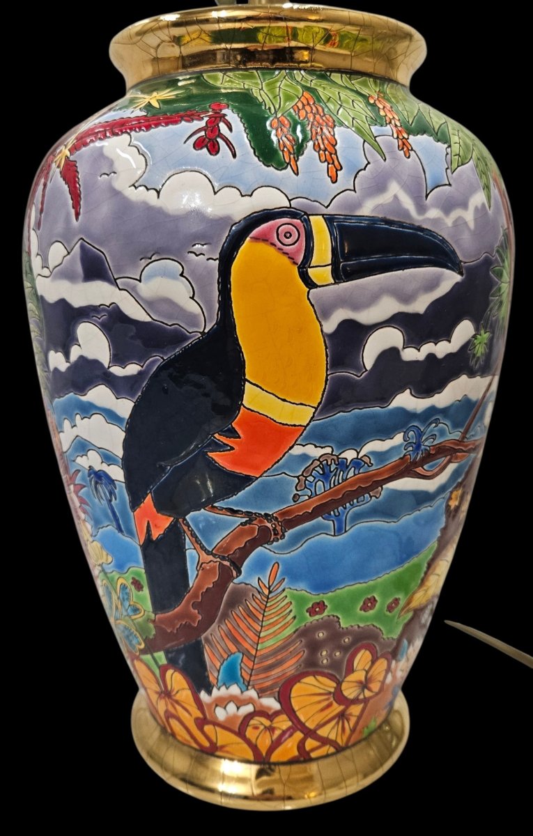 Longwy,  lampe en faïence par ALAIN THOMAS serie " Les  toucans "  63 / 100-photo-2
