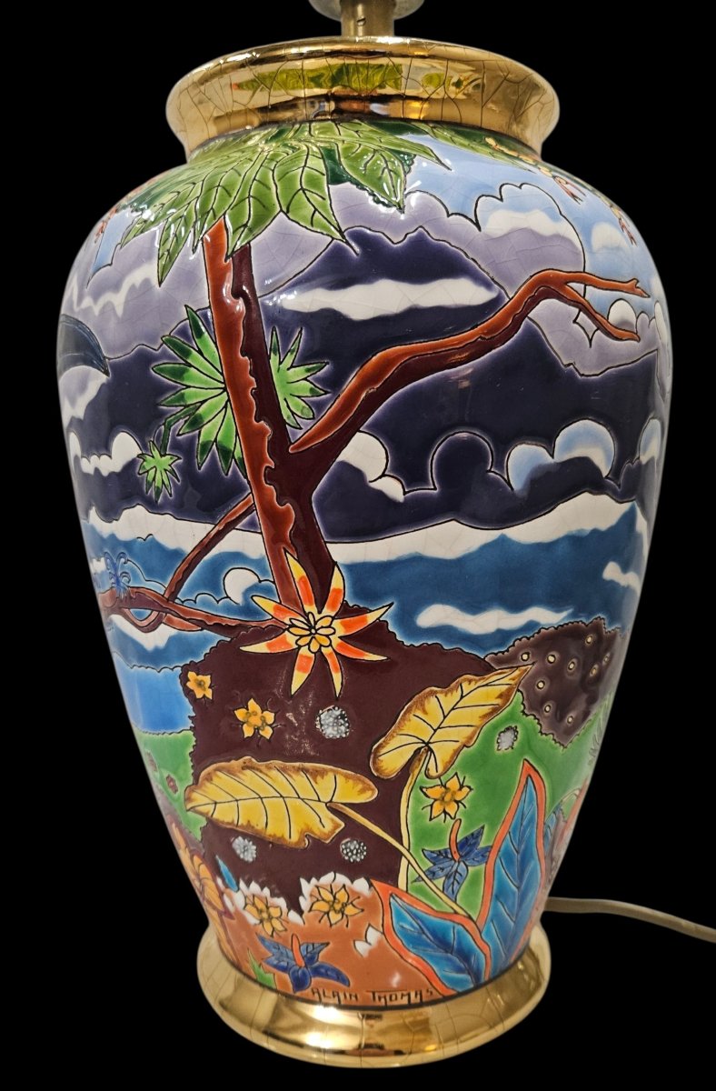 Longwy,  lampe en faïence par ALAIN THOMAS serie " Les  toucans "  63 / 100-photo-1