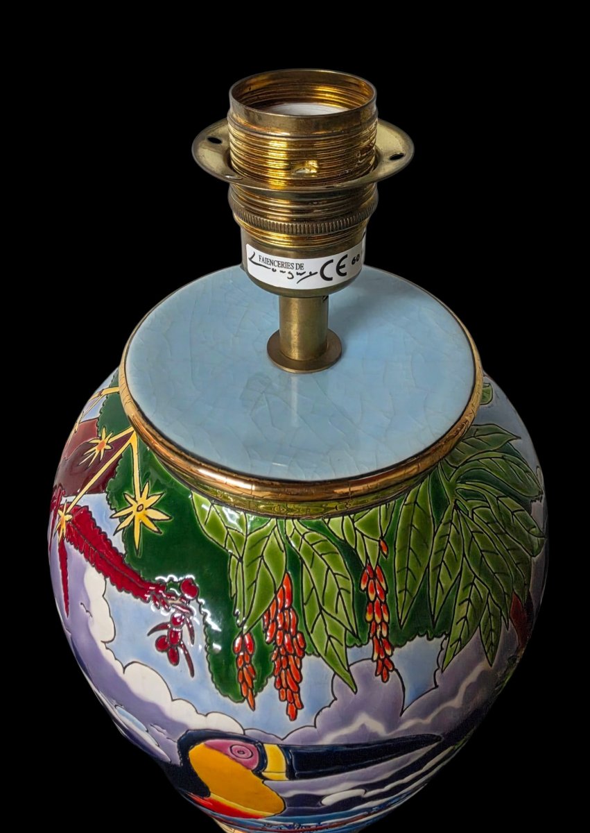 Longwy,  lampe en faïence par ALAIN THOMAS serie " Les  toucans "  63 / 100-photo-2