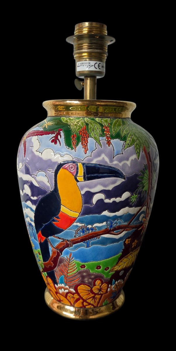 Longwy,  lampe en faïence par ALAIN THOMAS serie " Les  toucans "  63 / 100