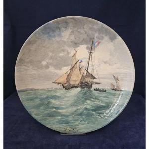 Plat en faïence " Marine " par Louis Lucien d'Eaubonne & Optat Milet à Sèvres Fin 19 ème 