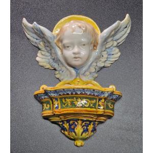 Angelo Minghetti, Renaissance-style Earthenware Stoup. Late 19th Century