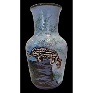 Large Art Deco Ceramic Vase, Animal Design In Enamel. Signed