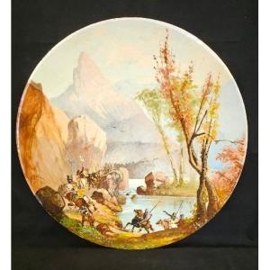 Édouard Gilles Grand plat en céramique d'artiste peintre signé Paganot D 52 cm. 19 ème siècle 