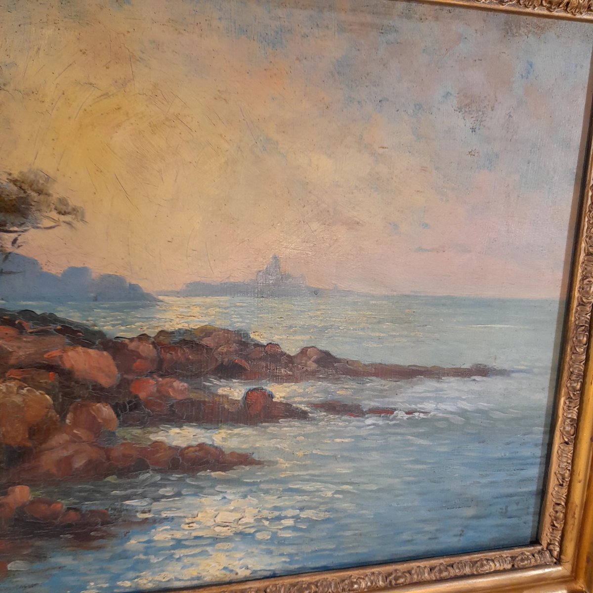 Tableau paysage de bord de mer et cadre doré  50,5 x 63 cm-photo-4