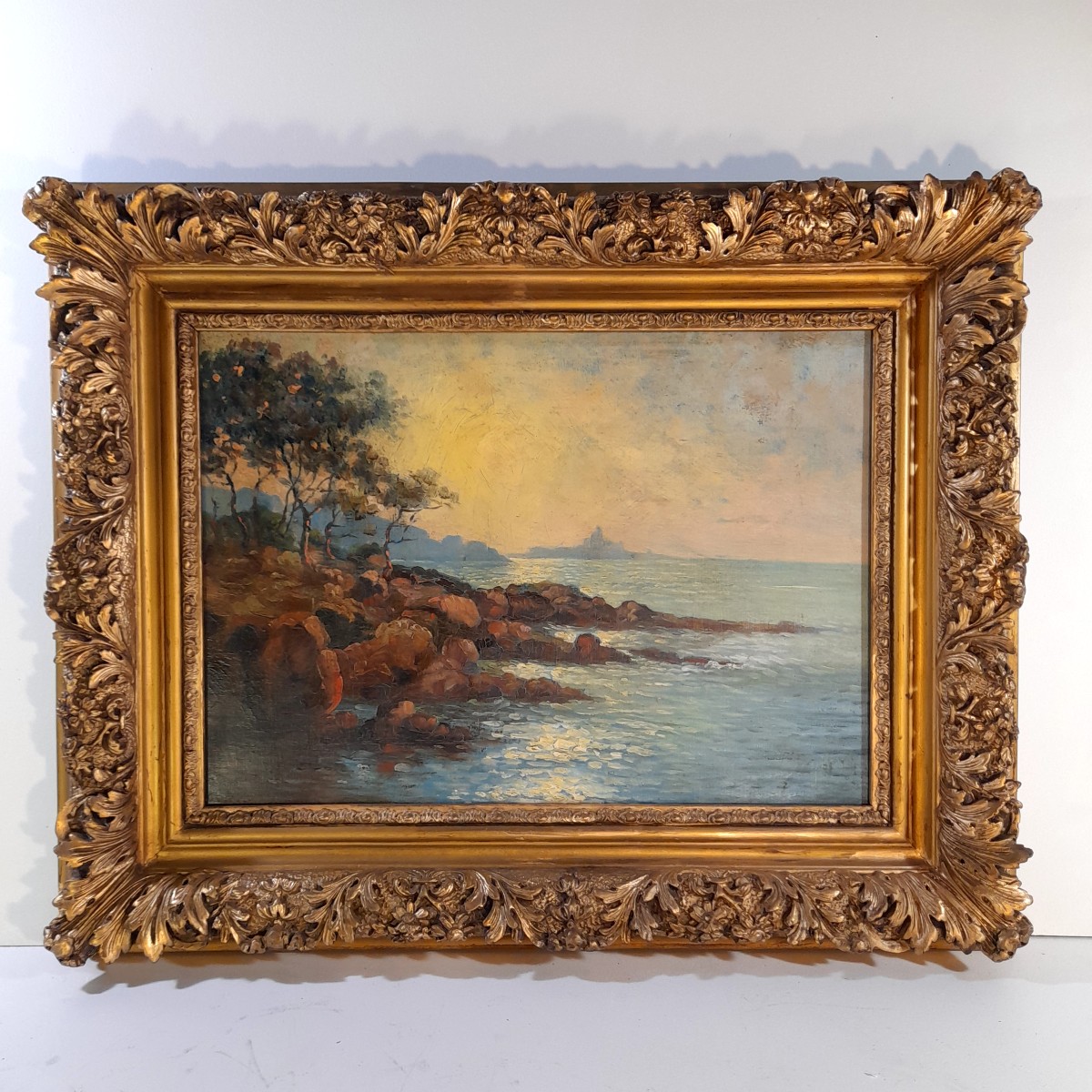 Tableau paysage de bord de mer et cadre doré  50,5 x 63 cm