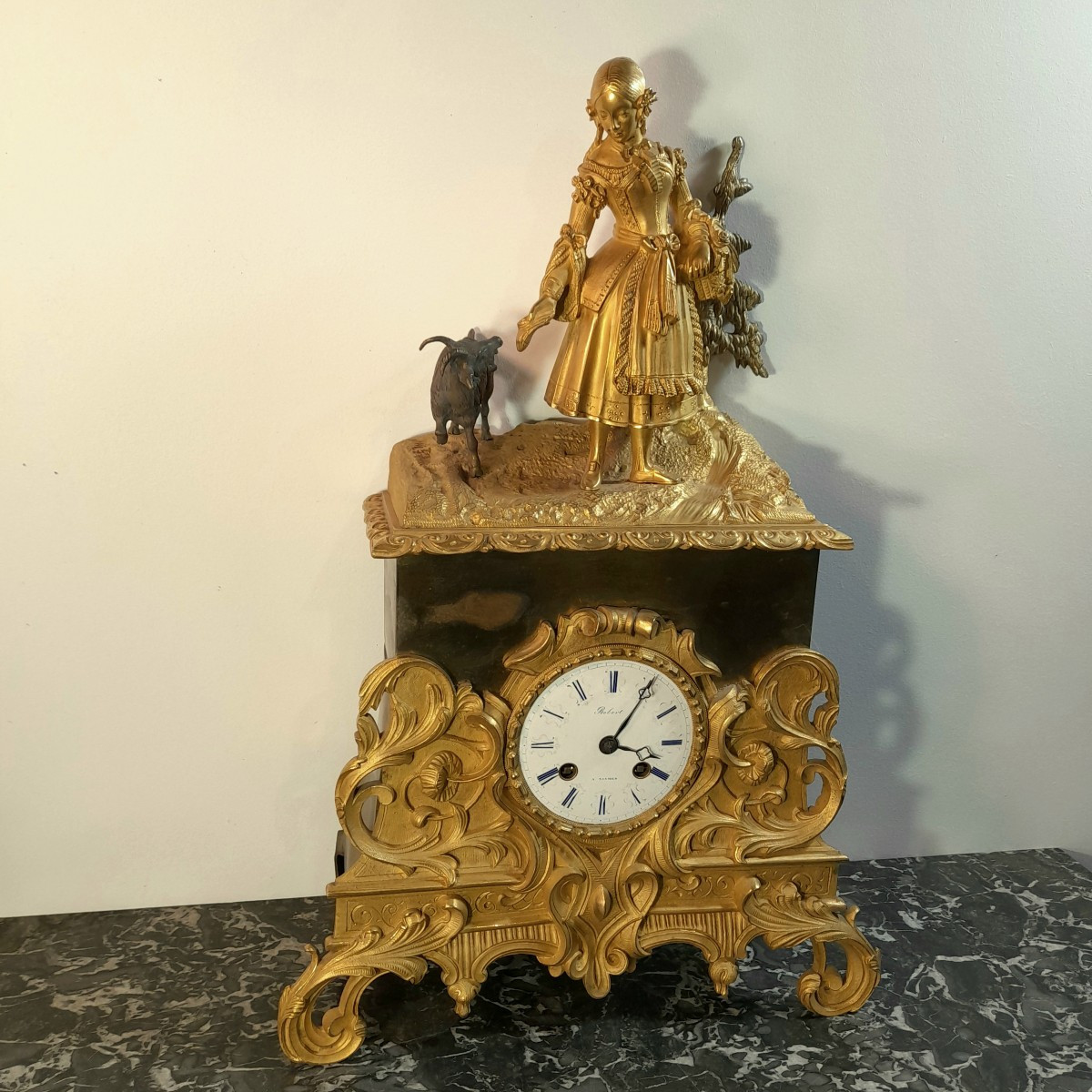 Shepherdess Clock, Gilt Bronze, 19th Century, Restoration Period 