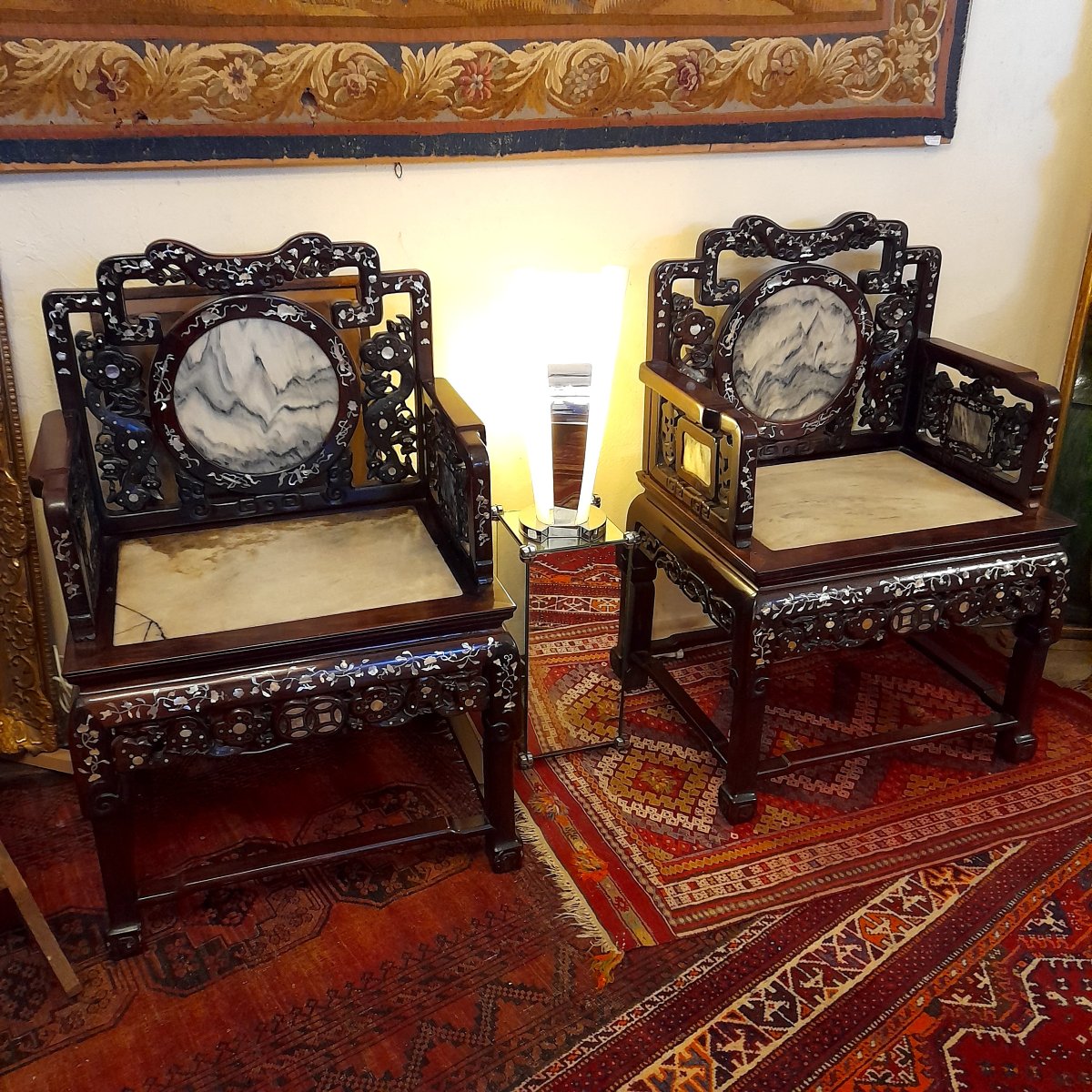Paire de fauteuils de dignitaire vietnamien fin 19ème incrusté de nacre-photo-6
