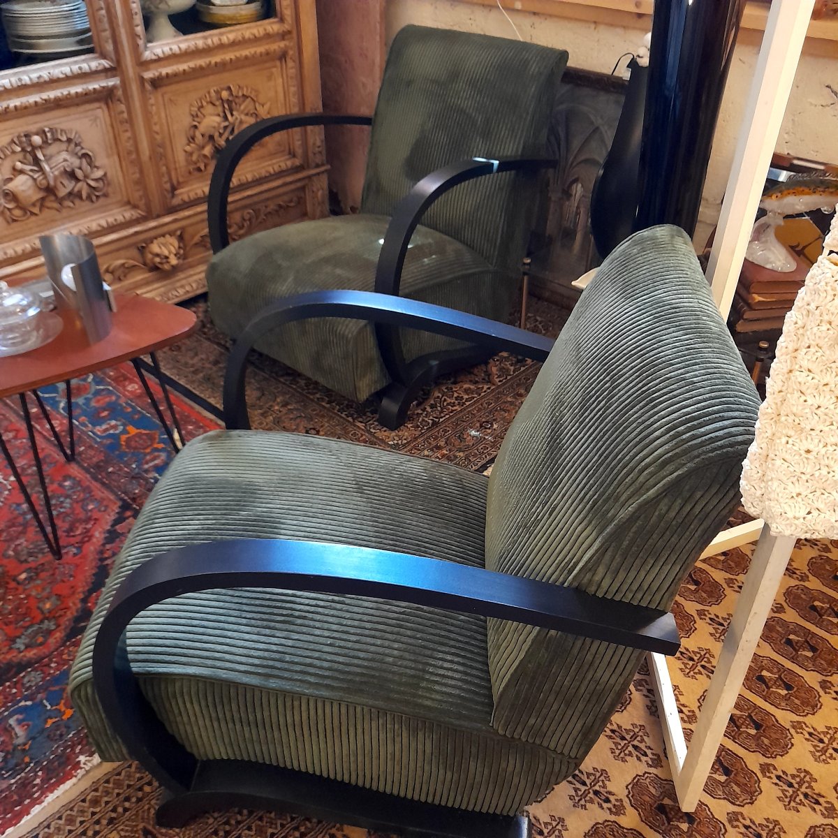 Pair Of Art Deco Armchairs In Green Velvet -photo-3