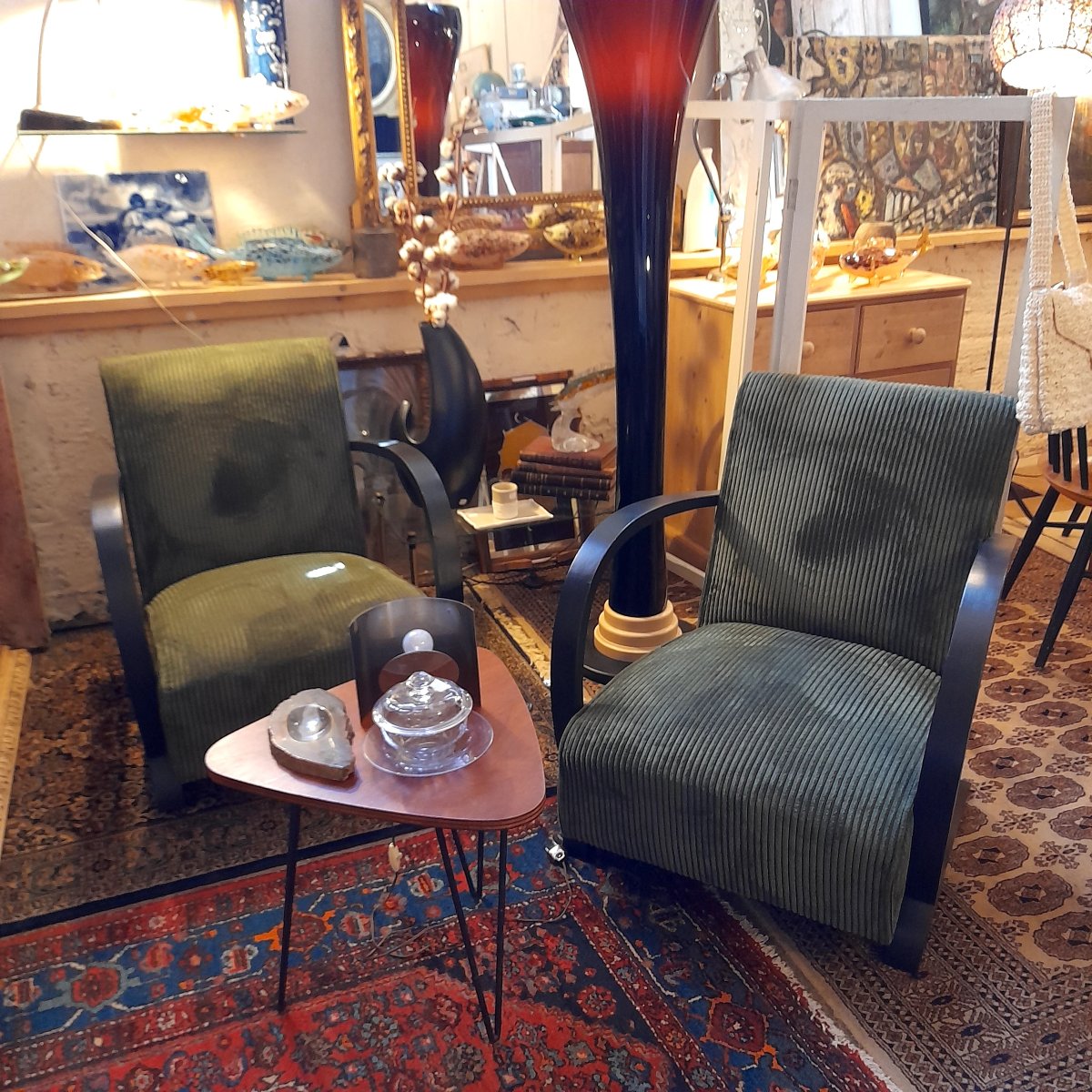 Pair Of Art Deco Armchairs In Green Velvet -photo-3