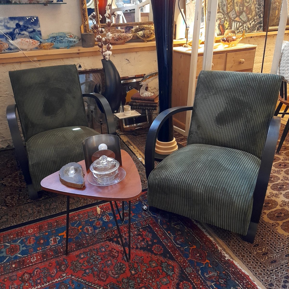 Pair Of Art Deco Armchairs In Green Velvet -photo-4