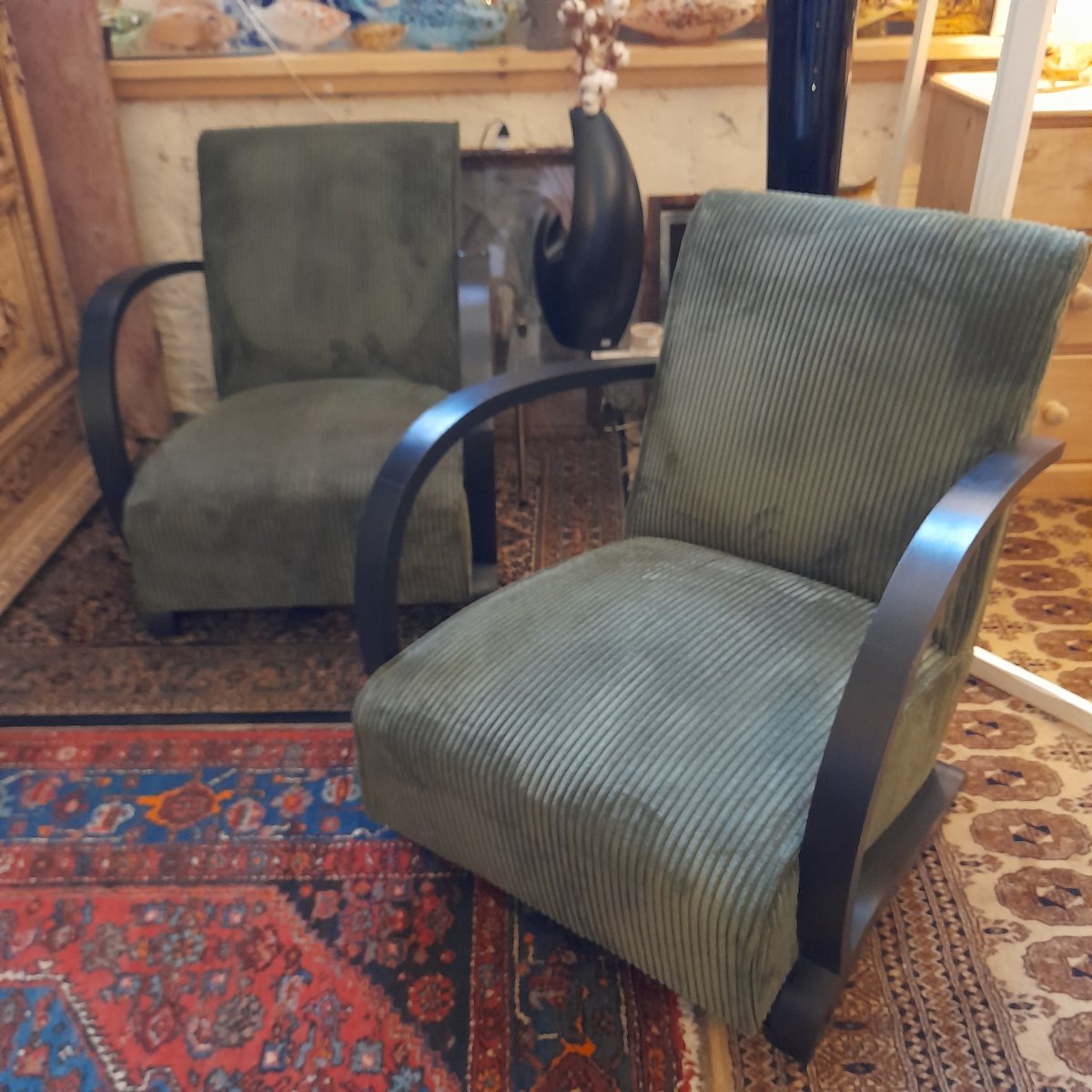 Pair Of Art Deco Armchairs In Green Velvet 