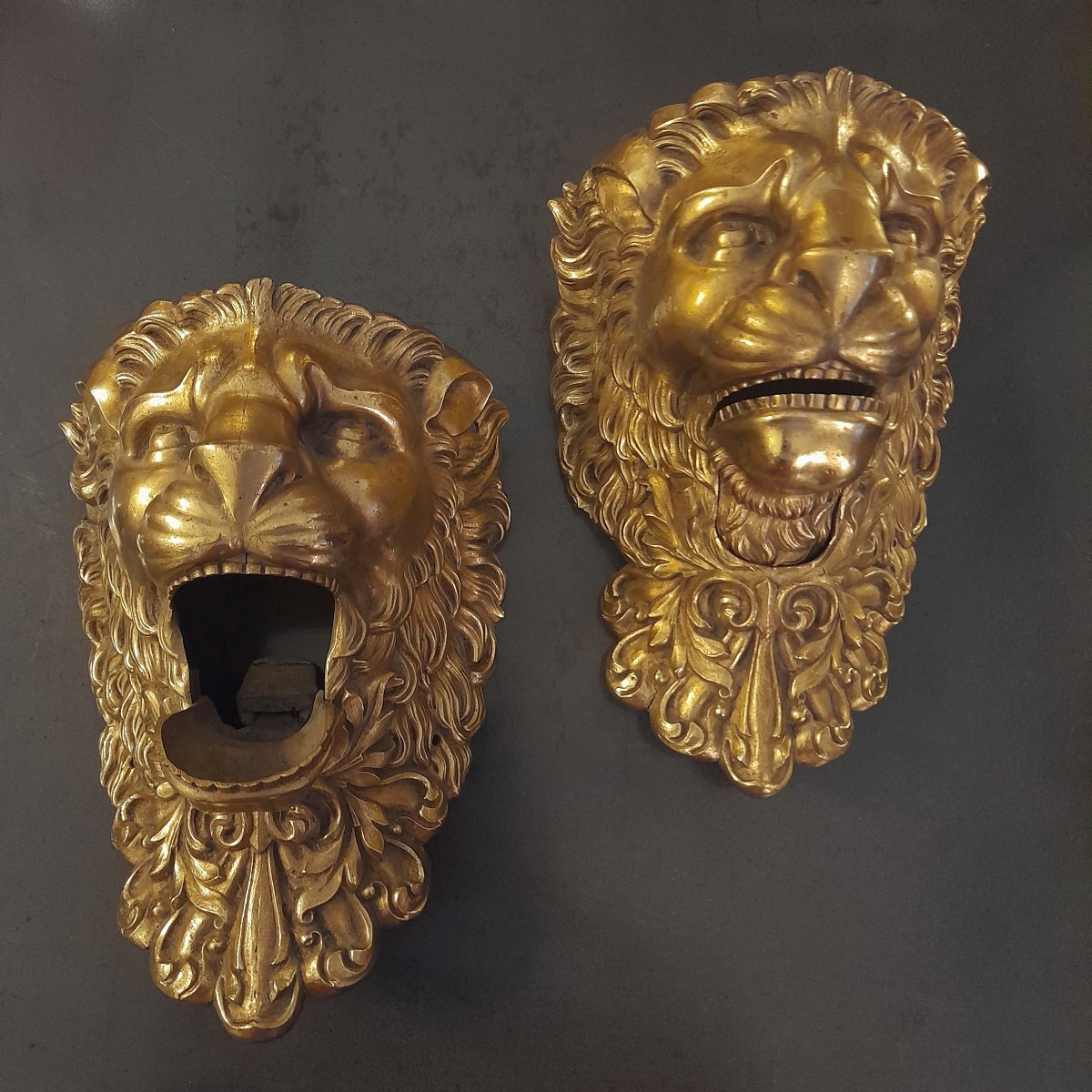 Pair Of Bronze Lion Heads As Billiard Corner Pieces -photo-3