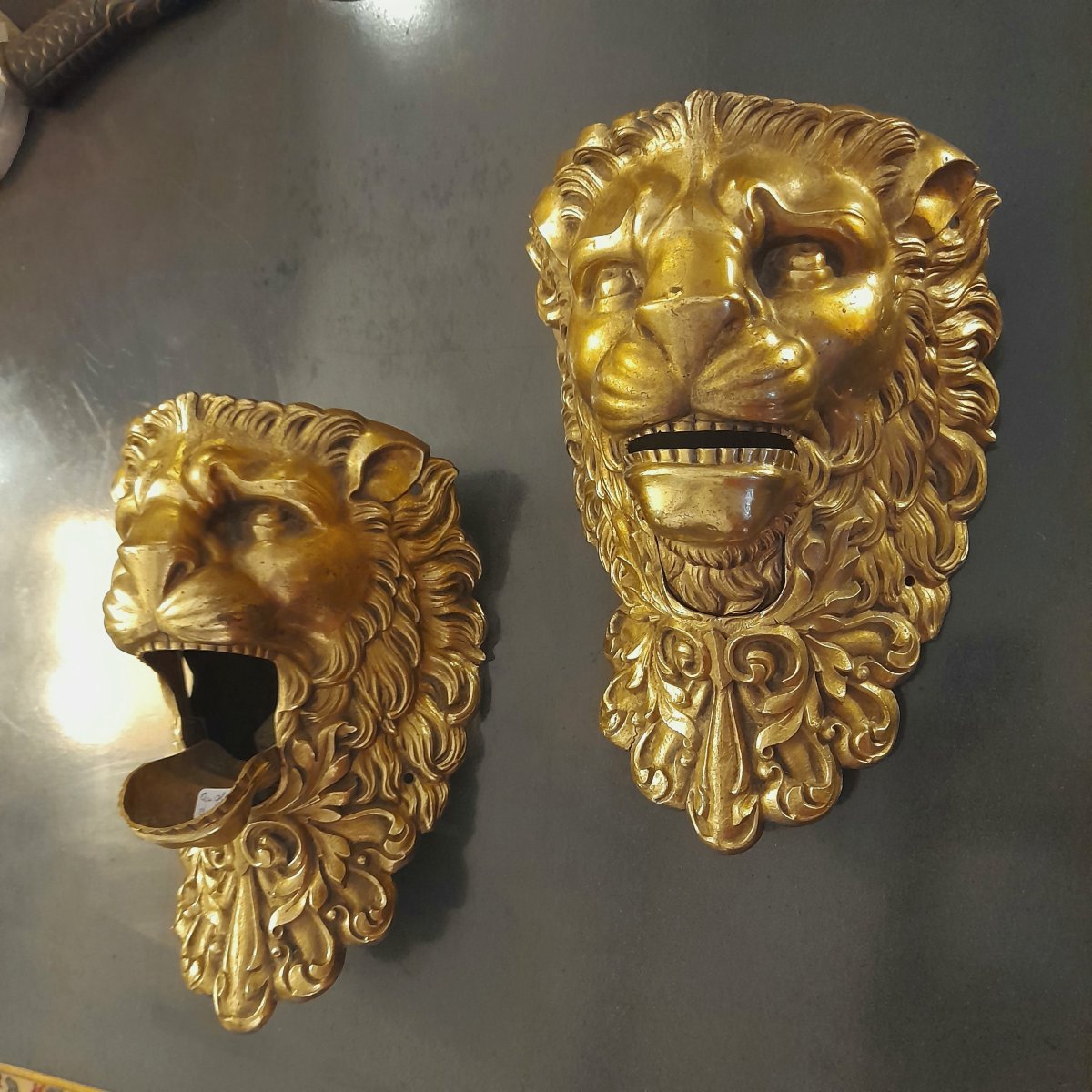 Pair Of Bronze Lion Heads As Billiard Corner Pieces -photo-1