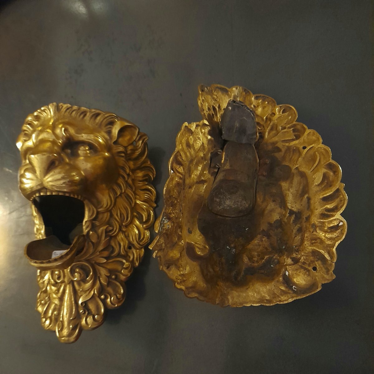Pair Of Bronze Lion Heads As Billiard Corner Pieces -photo-3