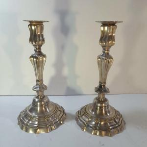 Paire de bougeoir Louis XIV en bronze argenté. 