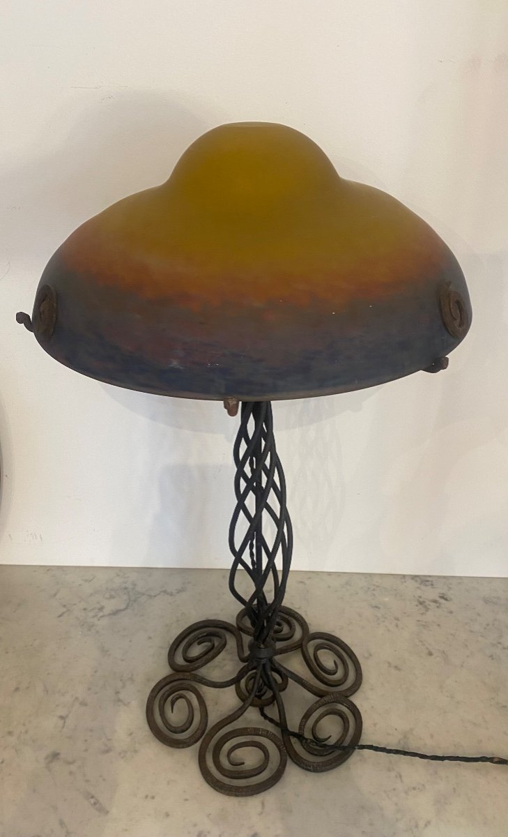 Lamp - Muller - Pâté Glass/wrought Iron - France - 20th Century -photo-3