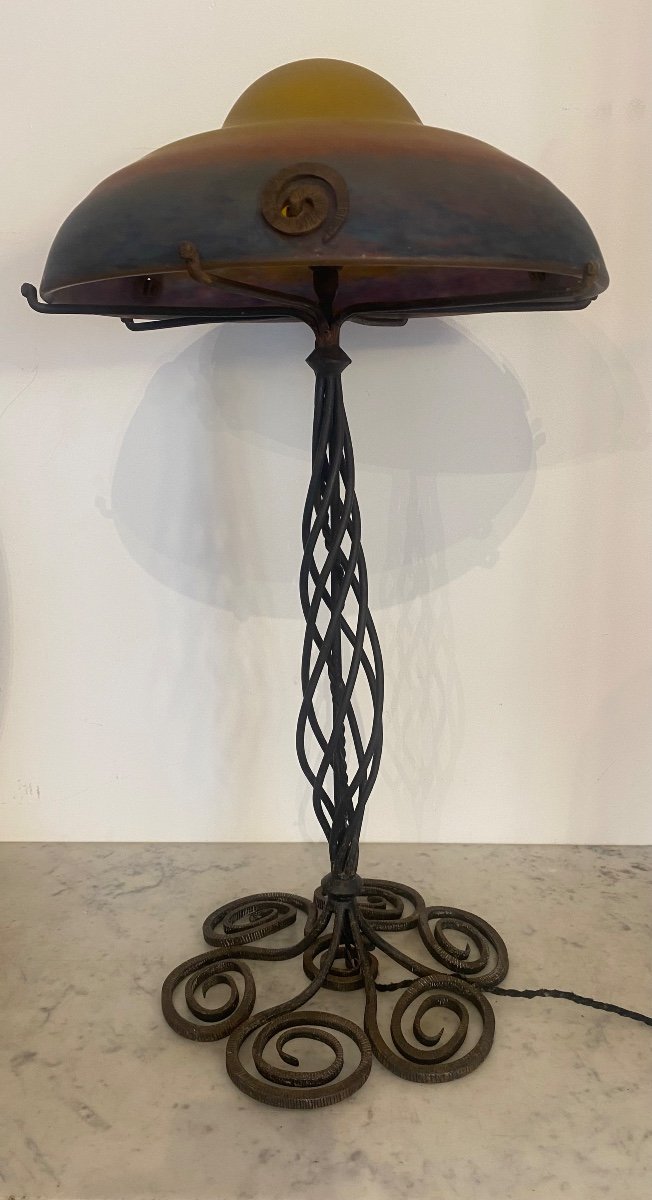 Lamp - Muller - Pâté Glass/wrought Iron - France - 20th Century 
