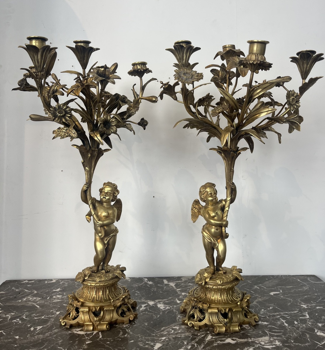 Pair Of Candlesticks - Bronze - Puttis/bouquet - France - 19th Century -photo-2