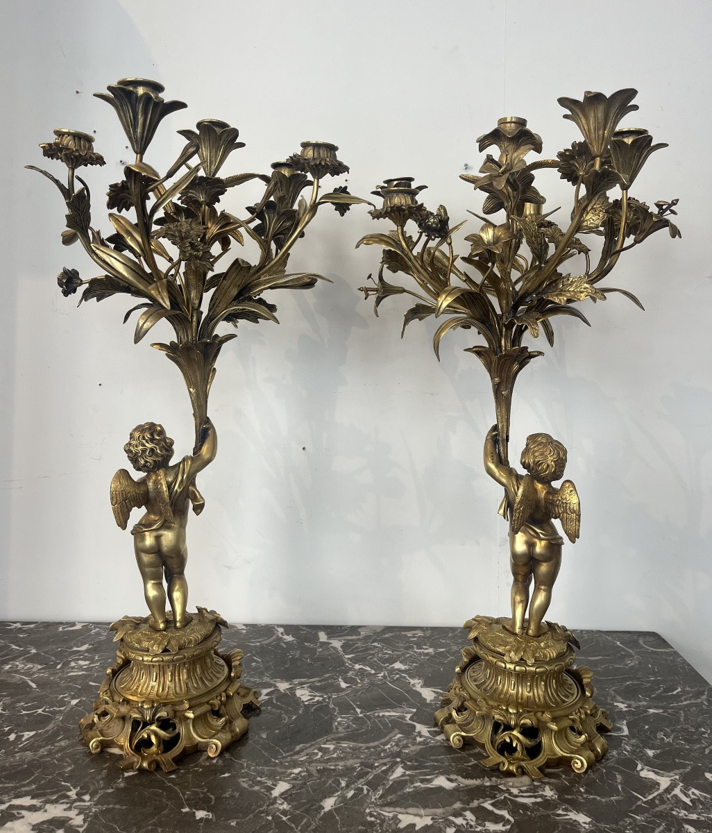 Pair Of Candlesticks - Bronze - Puttis/bouquet - France - 19th Century -photo-3