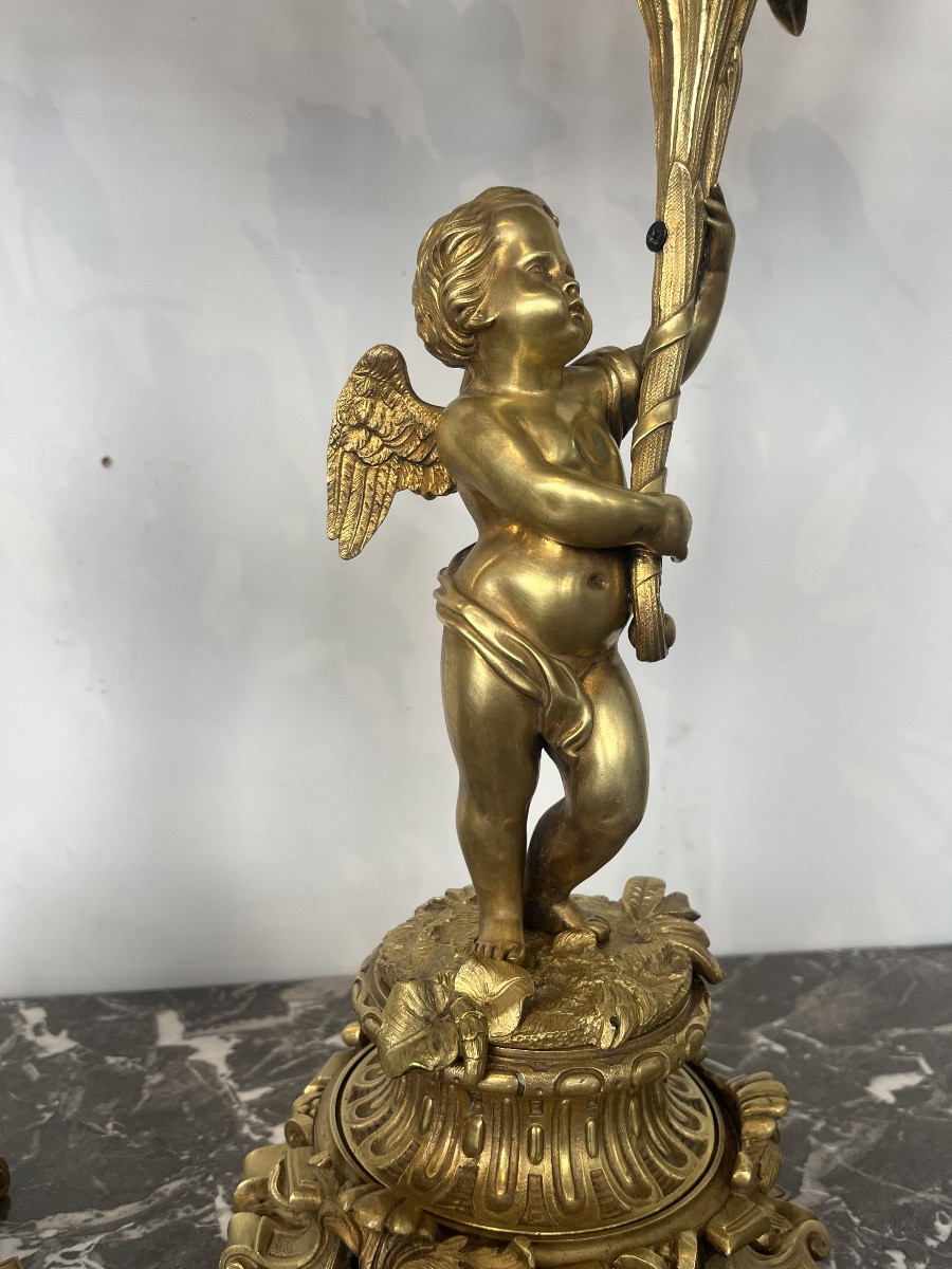Pair Of Candlesticks - Bronze - Puttis/bouquet - France - 19th Century -photo-1