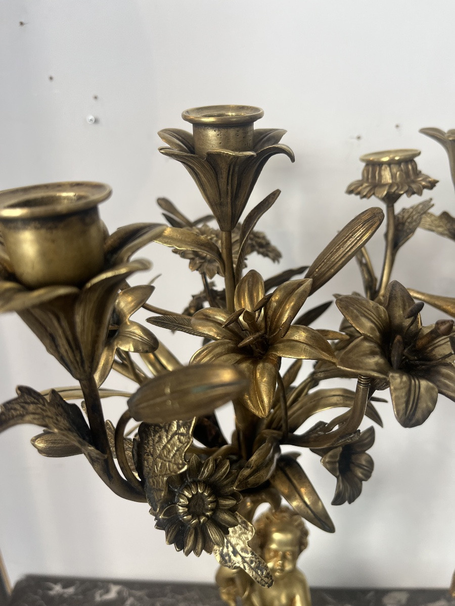 Pair Of Candlesticks - Bronze - Puttis/bouquet - France - 19th Century -photo-4
