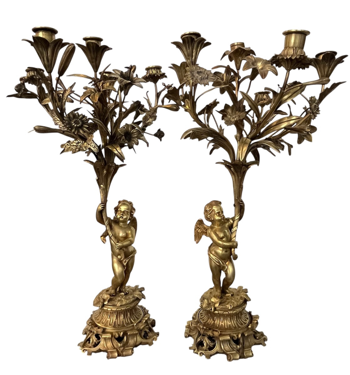 Pair Of Candlesticks - Bronze - Puttis/bouquet - France - 19th Century 