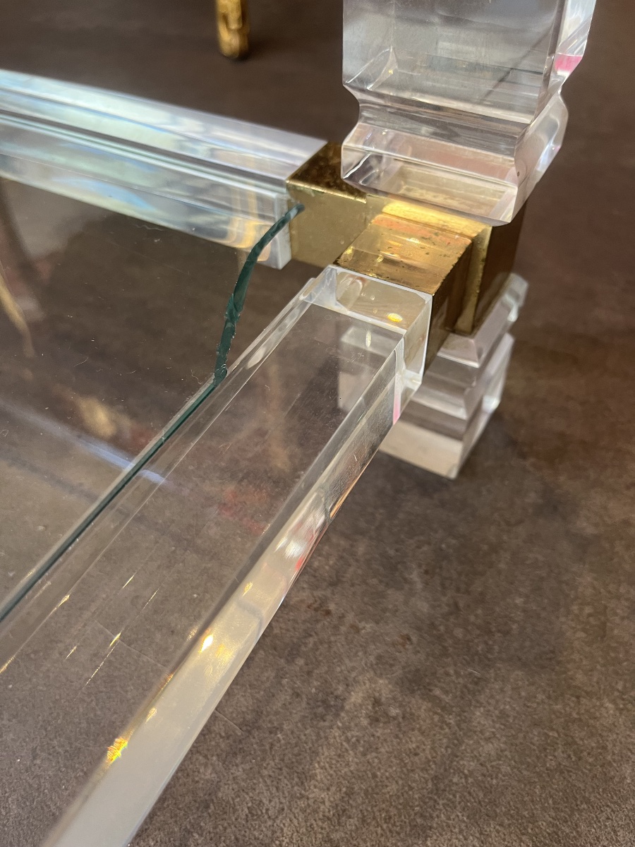 Grande Table Basse - En Plexiglas, Laiton Et Verre -  1970-photo-2