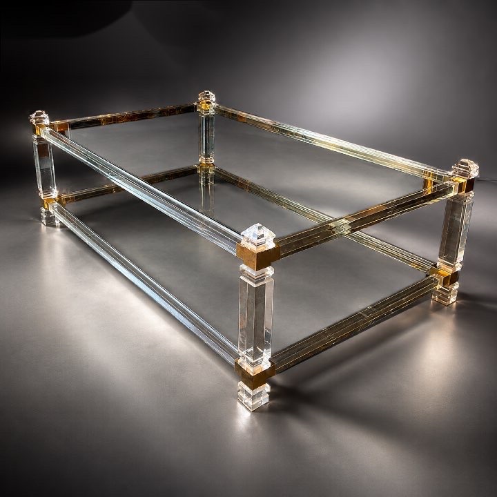 Grande Table Basse - En Plexiglas, Laiton Et Verre -  1970