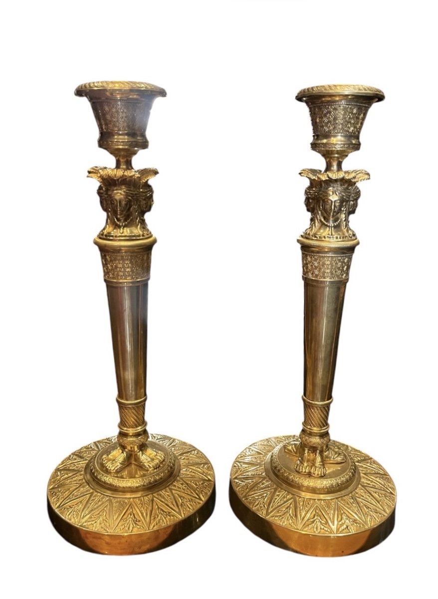 Pair Of Candlesticks - Gilded Bronze - Empire Style - Claude Galle - France - 19th Century-photo-2