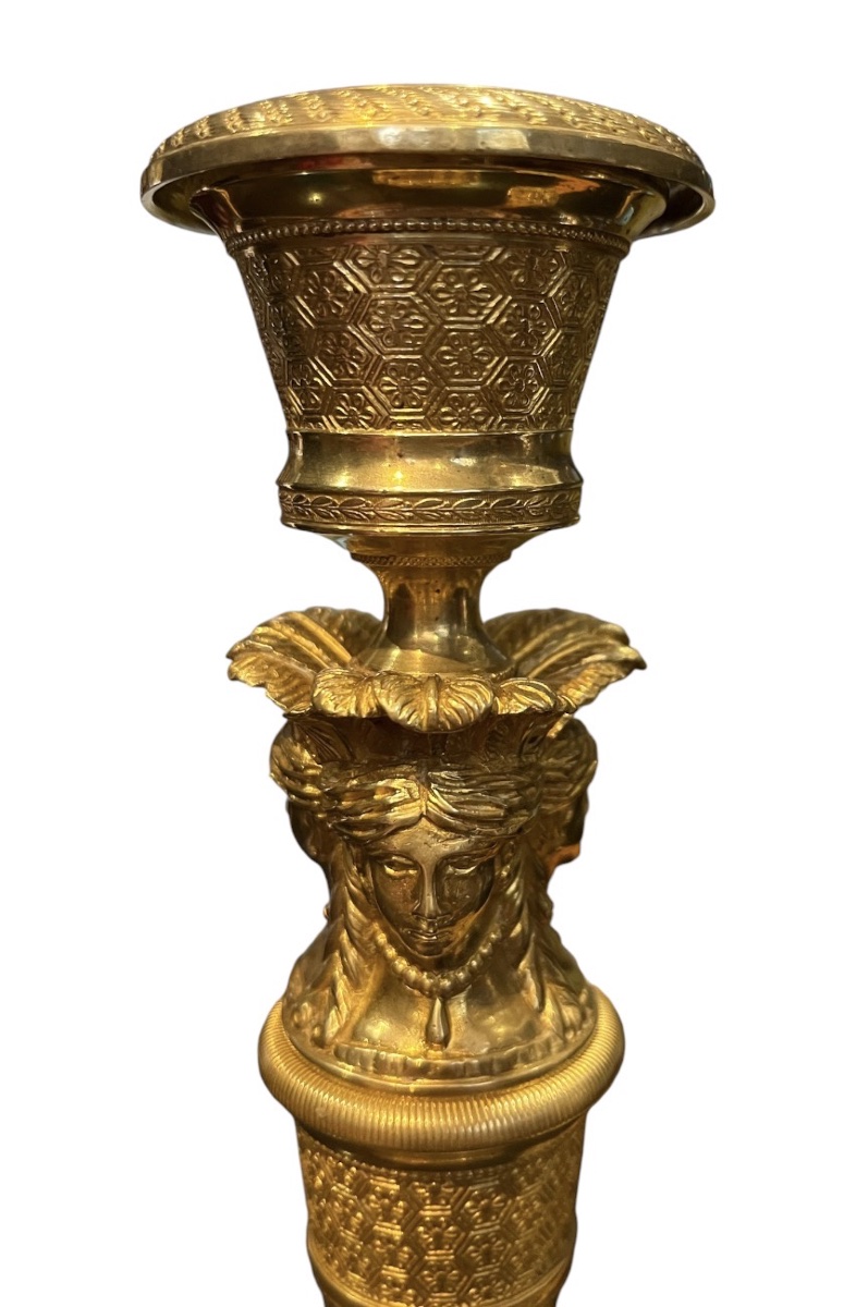 Pair Of Candlesticks - Gilded Bronze - Empire Style - Claude Galle - France - 19th Century-photo-4