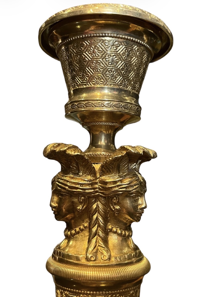 Pair Of Candlesticks - Gilded Bronze - Empire Style - Claude Galle - France - 19th Century-photo-4