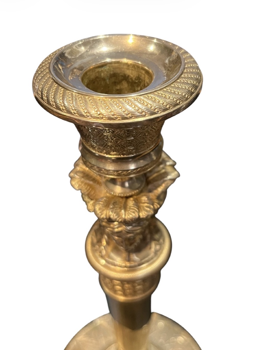 Pair Of Candlesticks - Gilded Bronze - Empire Style - Claude Galle - France - 19th Century-photo-5