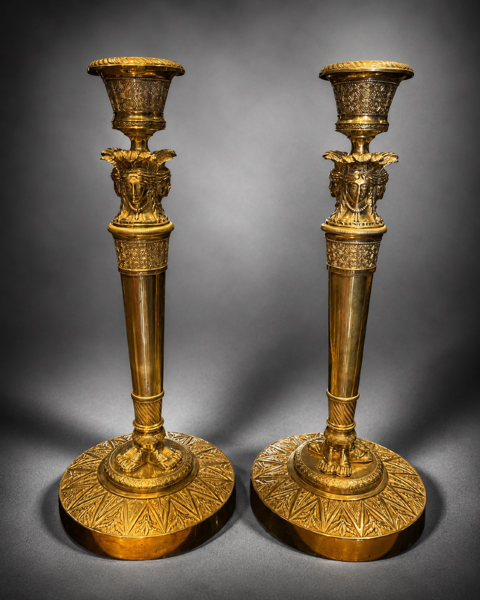 Pair Of Candlesticks - Gilded Bronze - Empire Style - Claude Galle - France - 19th Century