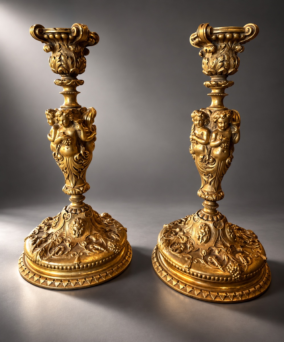 Pair Of Candlesticks—bronze—putti—france—19th Century 