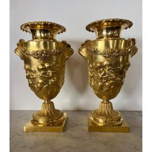 Pair Of Urns / Cassolettes - Gilt Bronze - (after Clodion) - France - 19th Century 