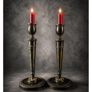 Pair Of Candlesticks - Bronze - Empire Style - Galles / Ravrio - France - 19th Century