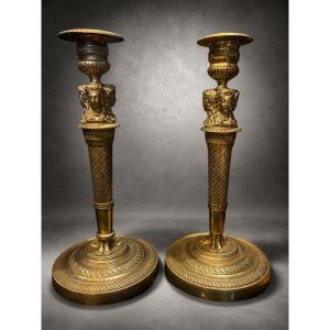 PAIRE DE BOUGEOIRS - BRONZE DORÉ - EMPIRE - CLAUDE GALLE  - FRANCE - XIX ÈME