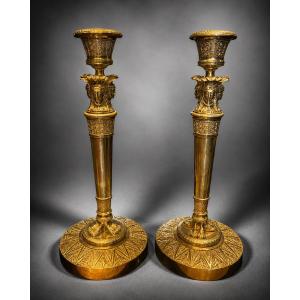 PAIRE DE BOUGEOIRS - BRONZE DORÉ - EMPIRE - CLAUDE GALLE - FRANCE - XIX ÈME