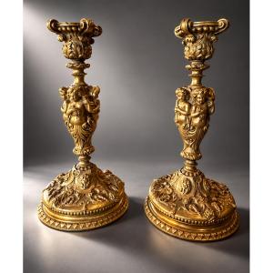 Pair Of Candlesticks—bronze—putti—france—19th Century 
