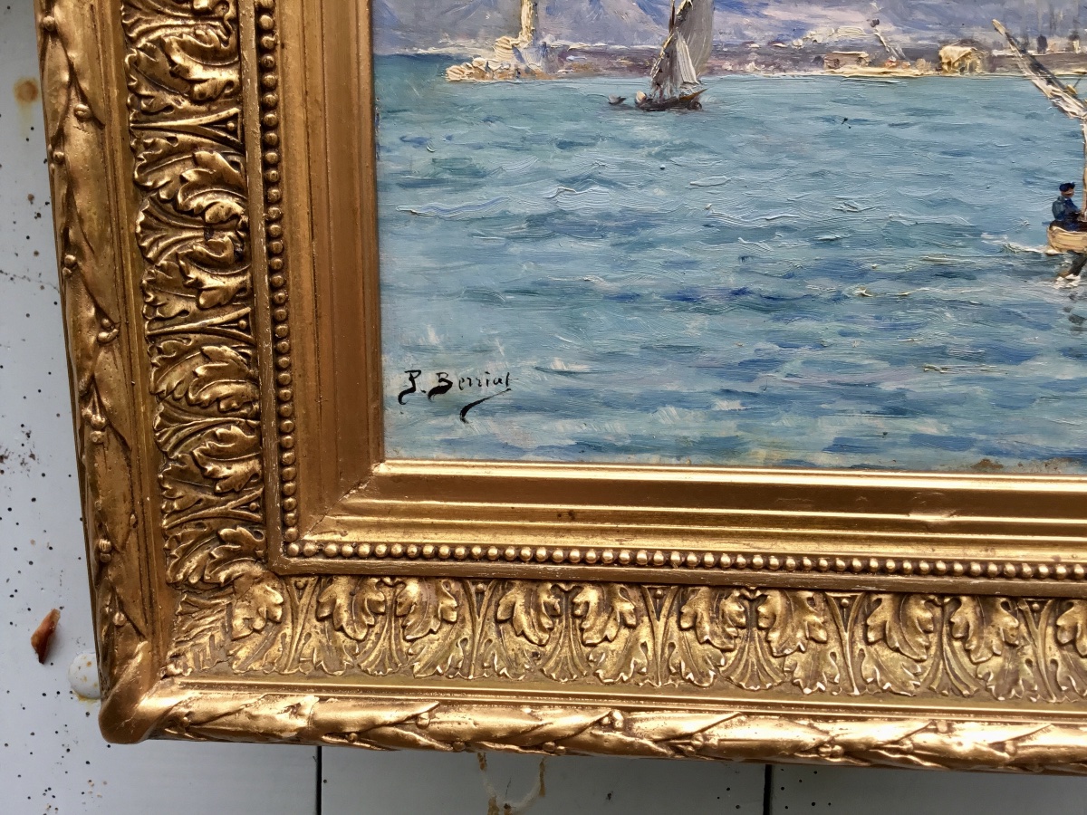 Pierre Berriat (1866-1923) Entrée du port de Marseille. Huile sur bois.-photo-2