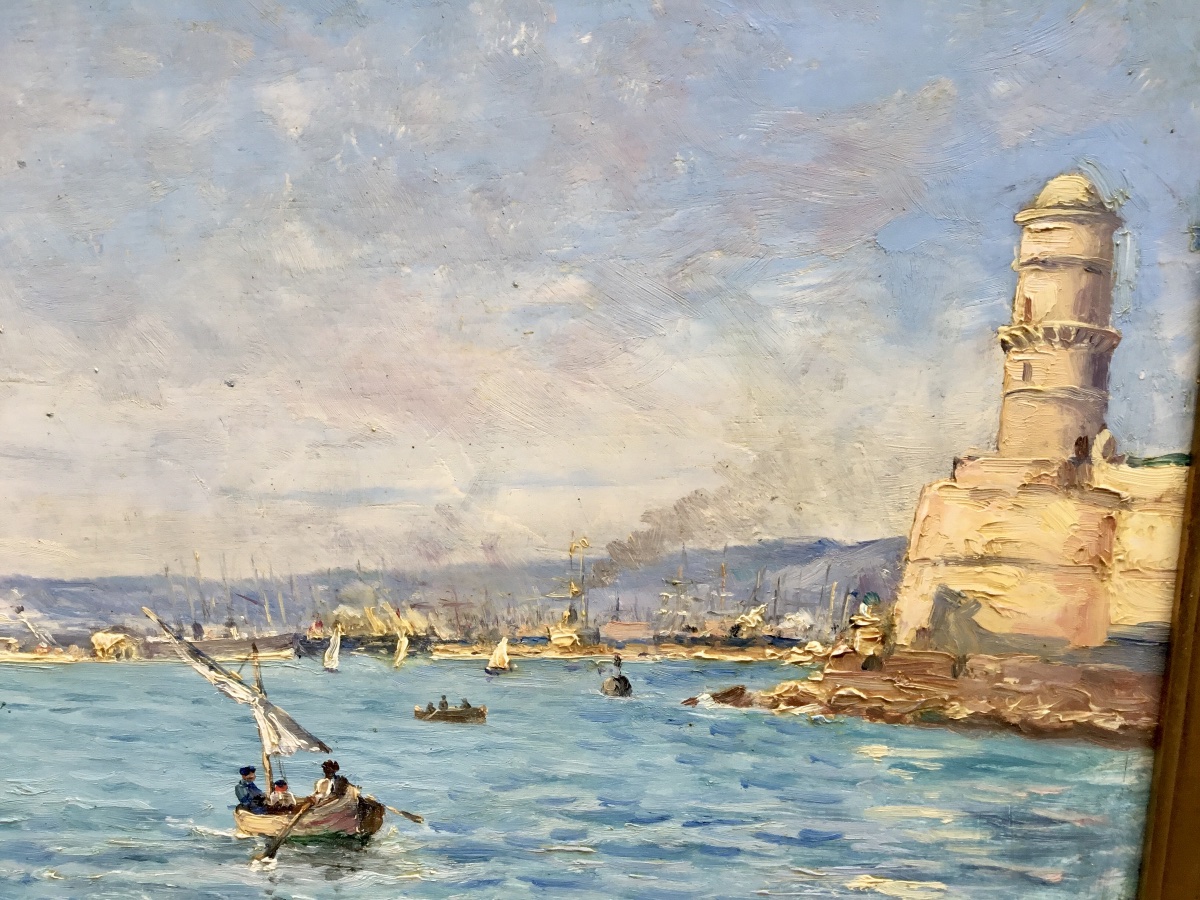Pierre Berriat (1866-1923) Entrée du port de Marseille. Huile sur bois.-photo-3