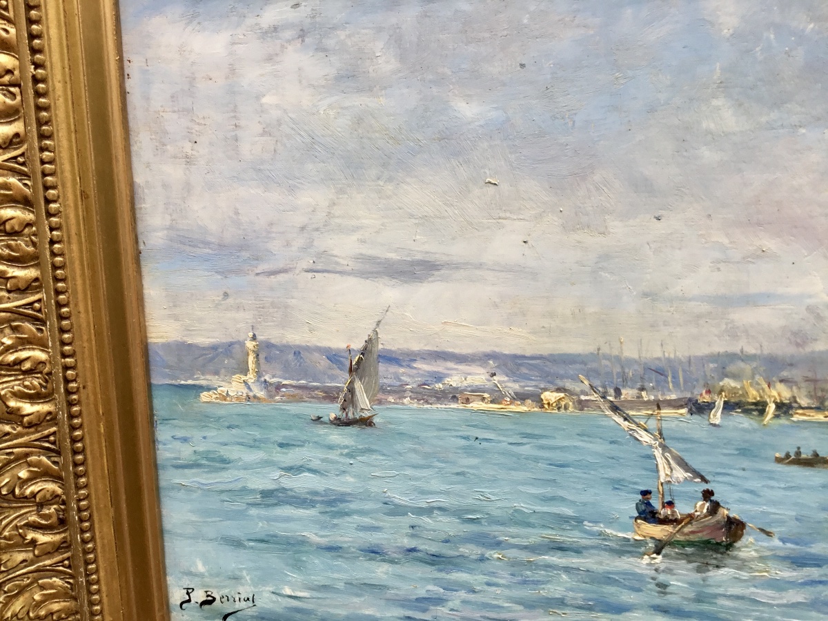 Pierre Berriat (1866-1923) Entrée du port de Marseille. Huile sur bois.-photo-4