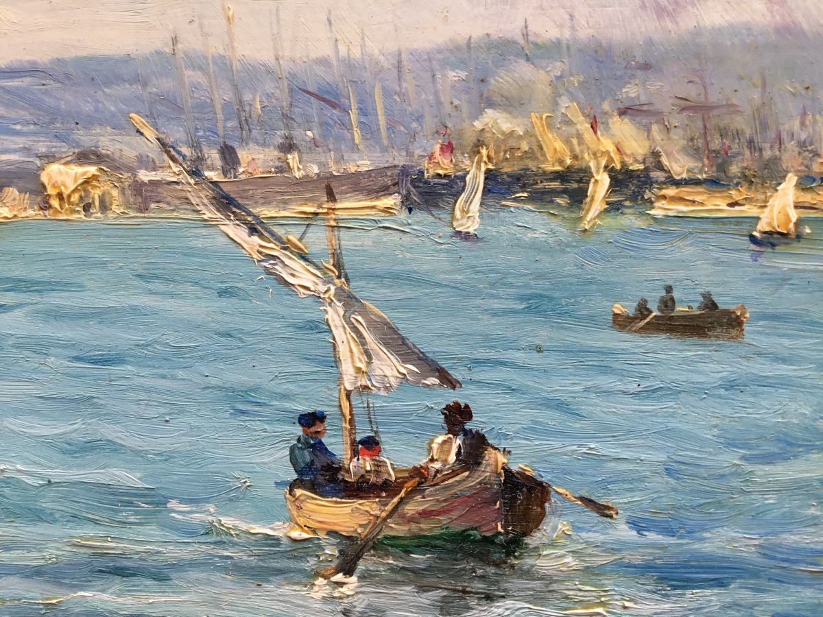Pierre Berriat (1866-1923) Entrée du port de Marseille. Huile sur bois.-photo-2