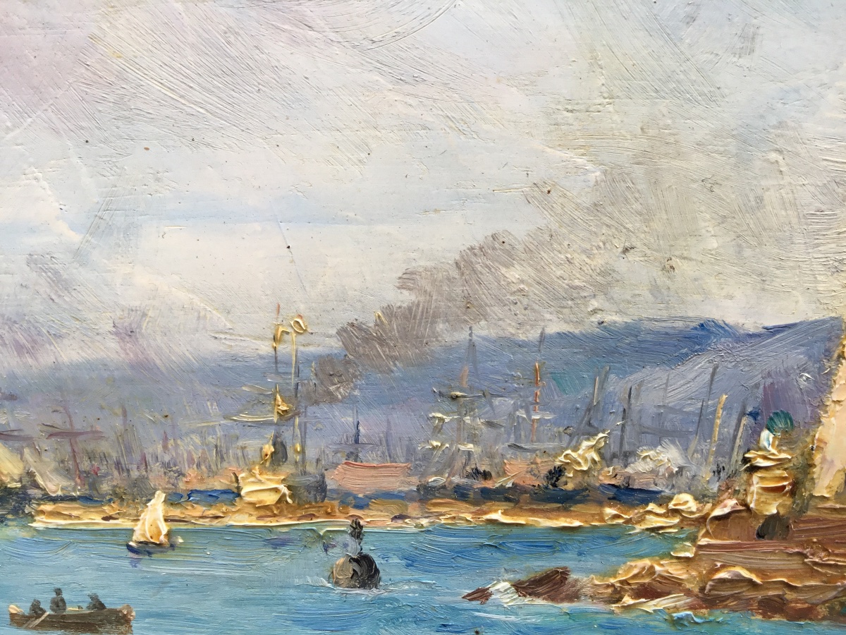Pierre Berriat (1866-1923) Entrée du port de Marseille. Huile sur bois.-photo-3