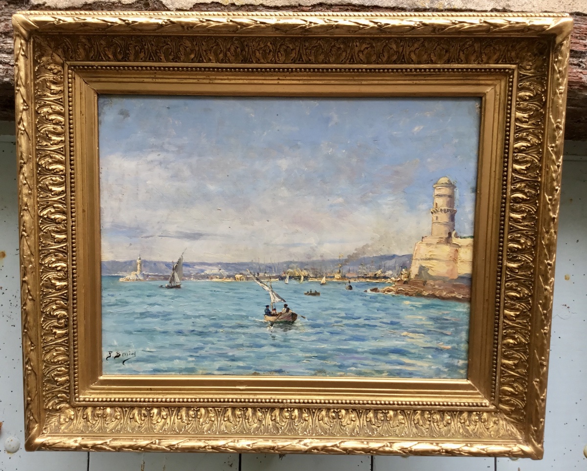 Pierre Berriat (1866-1923) Entrée du port de Marseille. Huile sur bois.