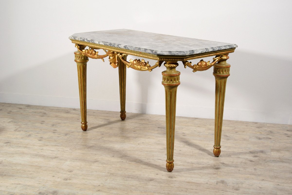 18th Century, Italian Neoclassical Lacquered And Gilt Wood Console Table, Marble Top-photo-3