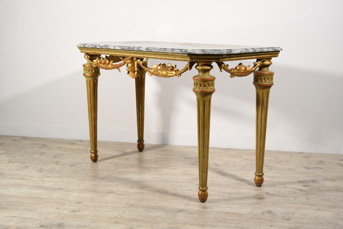 18th Century, Italian Neoclassical Lacquered And Gilt Wood Console Table, Marble Top-photo-4