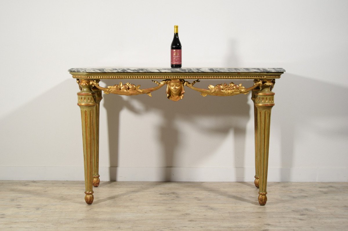 18th Century, Italian Neoclassical Lacquered And Gilt Wood Console Table, Marble Top-photo-1